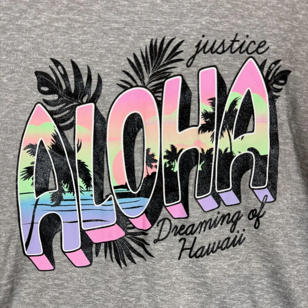 Justice Pajama Top Girls 14 Heather Gray Aloha Hawaii Graphic Sleep Shirt